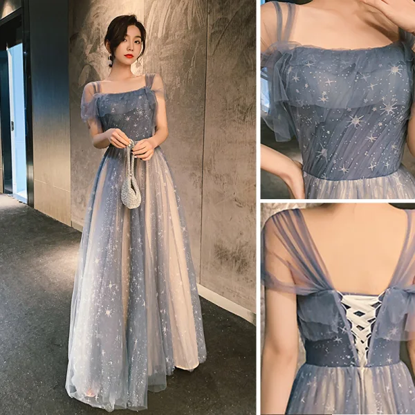 Charming Sky Blue Star Bridesmaid Dresses 2021 A-Line / Princess Spaghetti Straps Lace Sleeveless Backless Floor-Length / Long Bridesmaid Wedding Party Dresses