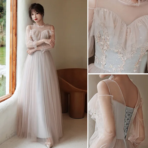 Mode Perle Rose Robe Demoiselle D'honneur 2021 Princesse Encolure Dégagée En Dentelle Fleur Appliques 3/4 Manches Dos Nu Longue Robe Pour Mariage