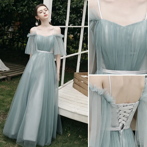 Modest / Simple Mint Green Bridesmaid Dresses 2021 A-Line / Princess Off-The-Shoulder Short Sleeve Backless Floor-Length / Long Wedding Party Dresses