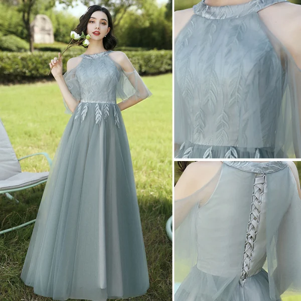 Modest / Simple Sage Green Embroidered Bridesmaid Dresses 2021 A-Line / Princess V-Neck Short Sleeve Backless Floor-Length / Long Wedding Party Dresses