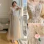 Chic / Beautiful Champagne Bridesmaid Dresses 2021 A-Line / Princess V-Neck Beading Pearl Sequins Lace Flower Short Sleeve Backless Floor-Length / Long Bridesmaid Wedding Party Dresses