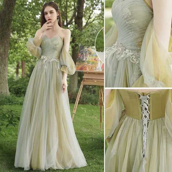 Chic / Beautiful Sage Green Pearl Lace Flower Bridesmaid Dresses 2021 A-Line / Princess Off-The-Shoulder Short Sleeve Backless Floor-Length / Long Bridesmaid Wedding Party Dresses