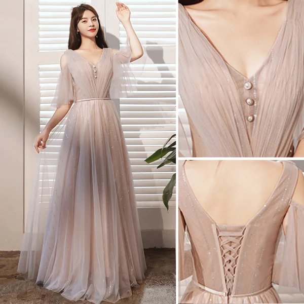Simple Rougissant Rose Paillettes Robe Demoiselle D'honneur Princesse 2021 V-Cou Manches Courtes Dos Nu Longue Robe Pour Mariage