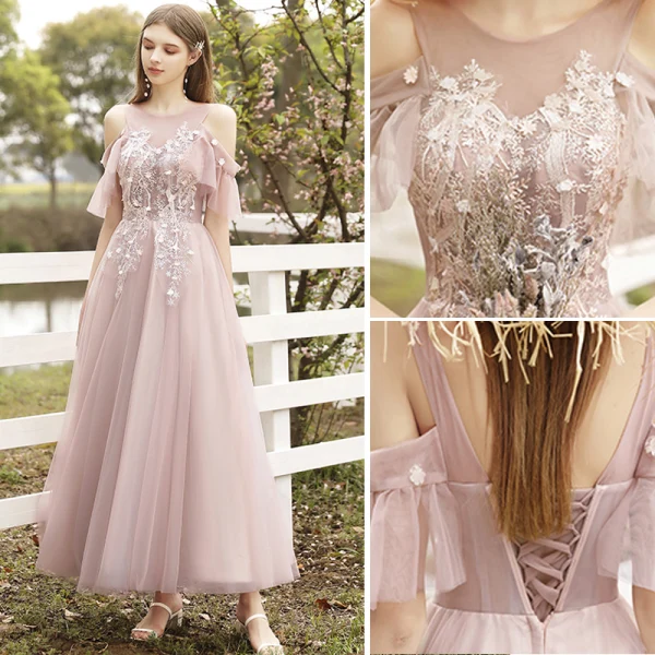 Mode Rougissant Rose Robe Demoiselle D'honneur 2021 Princesse Encolure Dégagée En Dentelle Fleur Appliques Manches Courtes Dos Nu Longue Robe Pour Mariage
