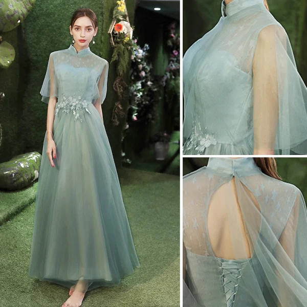 Modest / Simple Mint Green Bridesmaid Dresses 2021 A-Line / Princess Scoop Neck Lace Flower 1/2 Sleeves Backless Floor-Length / Long Tulle Wedding Party Dresses