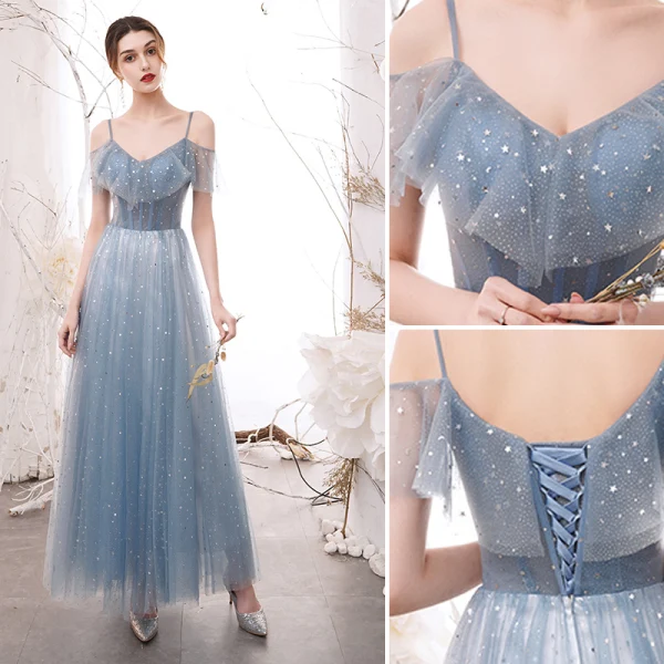 Modern / Fashion Sky Blue Star Sequins Bridesmaid Dresses 2021 A-Line / Princess Off-The-Shoulder Short Sleeve Backless Floor-Length / Long Wedding Party Dresses