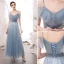 Modern / Fashion Sky Blue Star Sequins Bridesmaid Dresses 2021 A-Line / Princess Off-The-Shoulder Short Sleeve Backless Floor-Length / Long Wedding Party Dresses