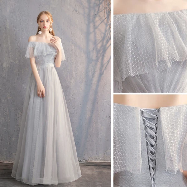 Chic / Belle Gris Robe Demoiselle D'honneur 2019 Princesse Tachetée Noeud 1/2 Manches Dos Nu Longue Robe Pour Mariage