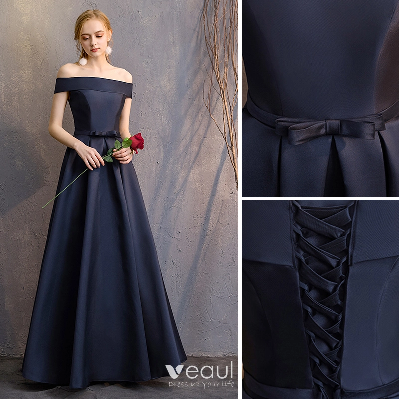 Modest Simple Navy Blue A-Line Princess Bridesmaid Dresses 2019 Bow Backless Long Party