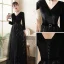 Abordable Noire Robe De Soirée 2020 Princesse Daim Ceinture Paillettes Manches Courtes Dos Nu Longue Robe De Ceremonie