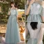 Modest / Simple Sage Green Embroidered Bridesmaid Dresses 2021 A-Line / Princess V-Neck 3/4 Sleeve Backless Floor-Length / Long Bridesmaid Wedding Party Dresses