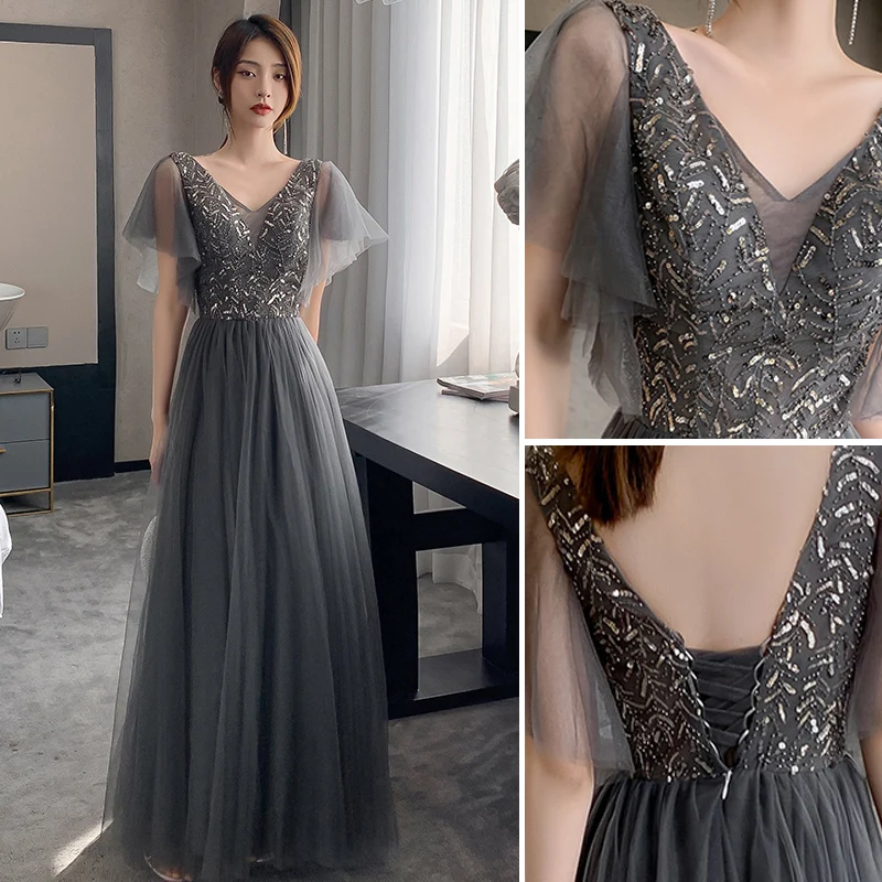 strapless open back dress Dark Gray V Neck Sparkly Beading Prom Dress with Sequins, Long Tulle P –  cherishgirls main image 0