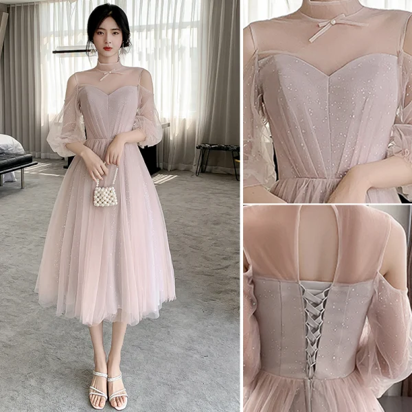 Chic / Beautiful Blushing Pink Bridesmaid Dresses 2021 A-Line / Princess Square Neckline Pearl Sequins Short Sleeve Backless Tea-length Bridesmaid Wedding Party Dresses