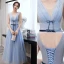 Modest / Simple Sky Blue Bow Sash Bridesmaid Dresses 2021 A-Line / Princess Short Sleeve Backless Floor-Length / Long Wedding Party Dresses