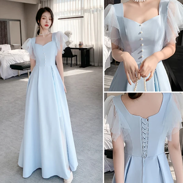 Modest / Simple Sky Blue Satin Bridesmaid Dresses 2021 A-Line / Princess Off-The-Shoulder Short Sleeve Backless Floor-Length / Long Bridesmaid Wedding Party Dresses