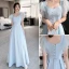 Modest / Simple Sky Blue Satin Bridesmaid Dresses 2021 A-Line / Princess Off-The-Shoulder Short Sleeve Backless Floor-Length / Long Bridesmaid Wedding Party Dresses