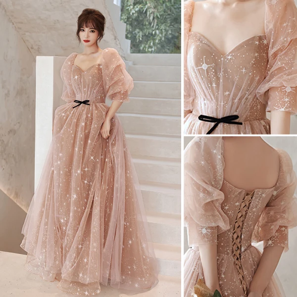 Fashion Champagne Bridesmaid Dresses 2021 A-Line / Princess Square Neckline Star Lace Sequins Bow Short Sleeve Backless Floor-Length / Long Bridesmaid Wedding Party Dresses