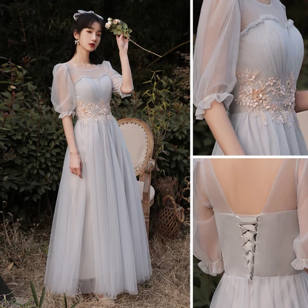 Chic / Beautiful Grey Bridesmaid Dresses 2021 A-Line / Princess Scoop Neck Lace Flower 1/2 Sleeves Backless Floor-Length / Long Bridesmaid Wedding Party Dresses
