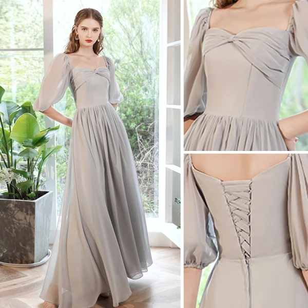 Modest / Simple Grey Graduation Dresses 2021 A-Line / Princess Scoop Neck Backless Floor-Length / Long Bridesmaid Short Sleeve Formal Dresses