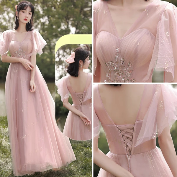 Chic / Beautiful Blushing Pink Bridesmaid Dresses 2021 A-Line / Princess Scoop Neck Beading Rhinestone Sequins Short Sleeve Backless Floor-Length / Long Bridesmaid Wedding Party Dresses