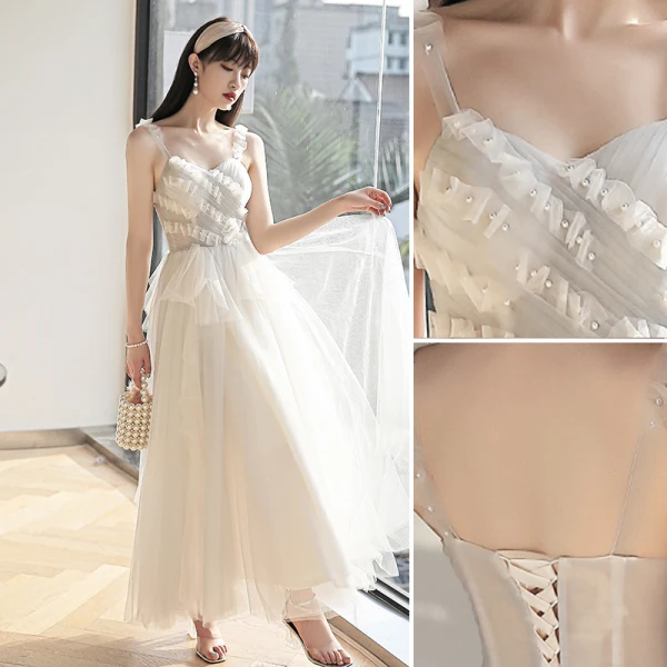 Chic / Beautiful White Bridesmaid Dresses 2021 A-Line / Princess Square Neckline Pearl Short Sleeve Tea-length Bridesmaid Wedding Party Dresses