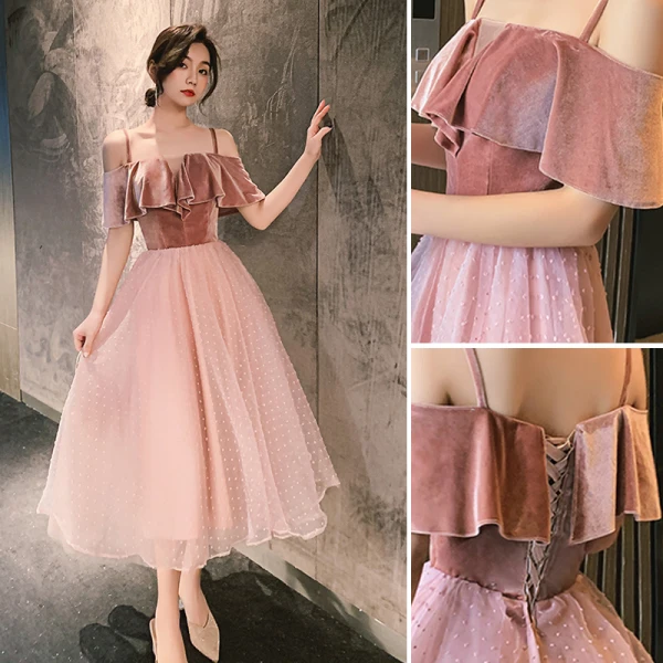 Chic / Belle Rougissant Rose Daim Robe Demoiselle D'honneur 2021 Princesse Encolure Carrée Manches Courtes Dos Nu Thé Longueur Robe Pour Mariage