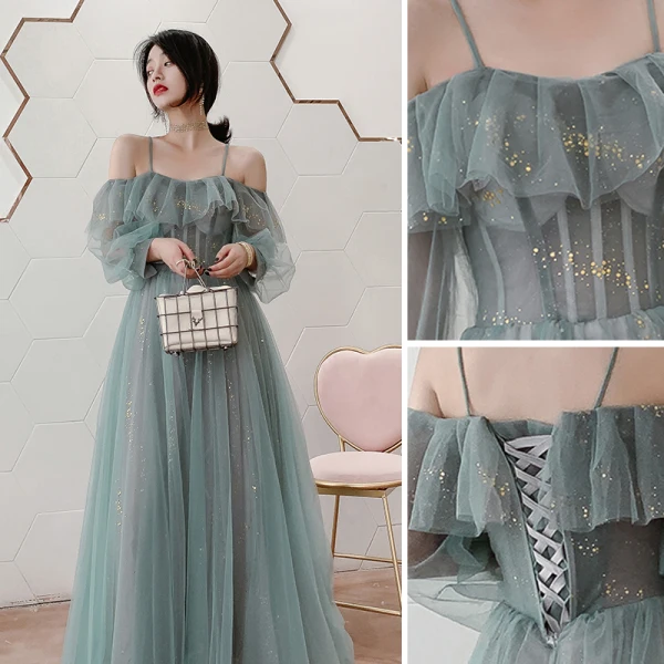 Chic / Beautiful Green Sequins Bridesmaid Dresses 2021 A-Line / Princess Spaghetti Straps Short Sleeve Backless Floor-Length / Long Bridesmaid Wedding Party Dresses