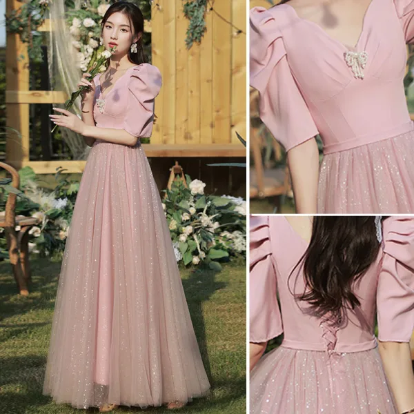 Chic / Belle Rose Bonbon Perle Robe Demoiselle D'honneur 2021 Princesse Manches Courtes Dos Nu Paillettes Longue Robe Pour Mariage