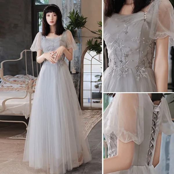 Chic / Beautiful Grey Pearl Lace Flower Bridesmaid Dresses 2021 A-Line / Princess Short Sleeve Backless Floor-Length / Long Bridesmaid Wedding Party Dresses