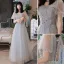 Chic / Beautiful Grey Pearl Lace Flower Bridesmaid Dresses 2021 A-Line / Princess Short Sleeve Backless Floor-Length / Long Bridesmaid Wedding Party Dresses
