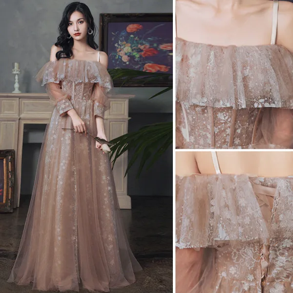 Chic / Beautiful Champagne Glitter Bridesmaid Dresses 2021 A-Line / Princess Short Sleeve Lace Flower Backless Floor-Length / Long Bridesmaid Wedding Party Dresses