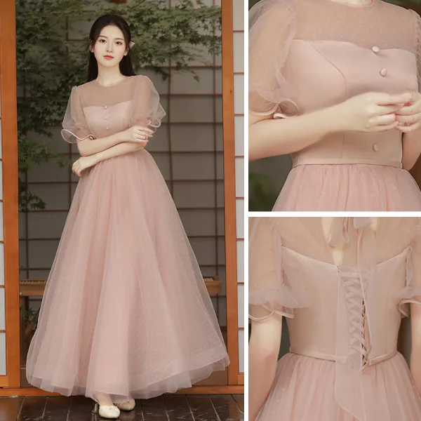 Modest / Simple Dusky Pink Bridesmaid Dresses 2021 A-Line / Princess Short Sleeve Floor-Length / Long Wedding Party Dresses