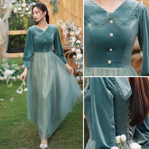 Modest / Simple Jade Green Suede Bridesmaid Dresses 2022 A-Line / Princess Short Sleeve Backless Sequins Floor-Length / Long Wedding Party Dresses