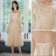 Chic / Beautiful Champagne Bridesmaid Dresses 2021 A-Line / Princess Scoop Neck Lace Flower Appliques Rhinestone Short Sleeve Backless Tea-length Wedding Party Dresses