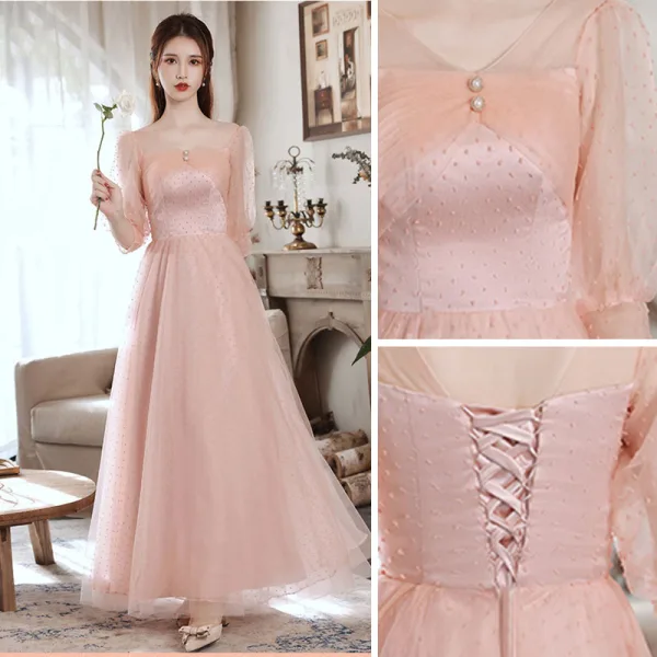 Schlicht Pearl Rosa Brautjungfernkleider 2022 A Linie V-Ausschnitt Kurze Ärmel Rückenfreies Lange Brautjungfer Kleider Für Hochzeit