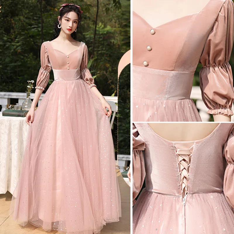 Chic Beautiful Dusky Pink Suede Bridesmaid Dresses 2022 A Line Princess  Pearl Sequins Long Sleeve Backless Floor Length Long Wedding Party Dresses