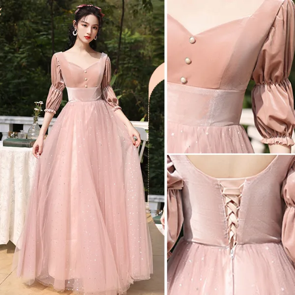Chic / Beautiful Dusky Pink Suede Bridesmaid Dresses 2022 A-Line / Princess Pearl Sequins Long Sleeve Backless Floor-Length / Long Wedding Party Dresses