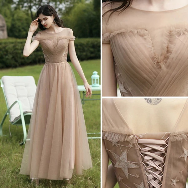 Simple Champagne Robe Demoiselle D'honneur 2021 Princesse Encolure Dégagée Manches Courtes Dos Nu Longue Robe Pour Mariage