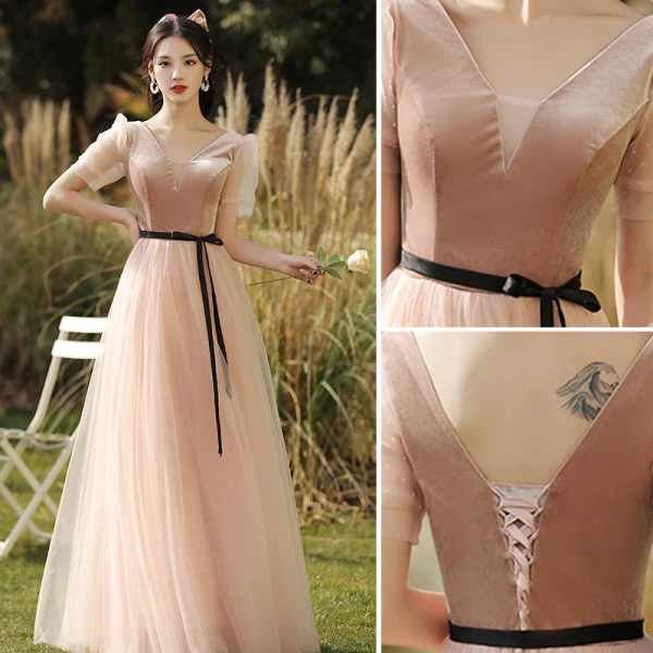 Elegant Pearl Pink Suede Bridesmaid Dresses 2021 A-Line / Princess V-Neck Short Sleeve Backless Floor-Length / Long Wedding Party Dresses