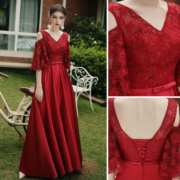 Modest / Simple Red Satin Bridesmaid Dresses 2021 A-Line / Princess Scoop Neck Bow Lace Flower 1/2 Sleeves Backless Floor-Length / Long Wedding Party Dresses