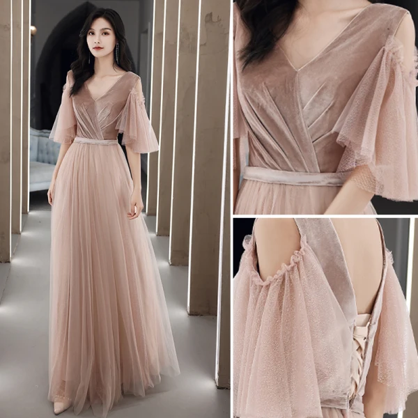 Simple Rougissant Rose Daim Robe Demoiselle D'honneur 2021 Princesse V-Cou Manches Courtes Dos Nu Longue Robe Pour Mariage
