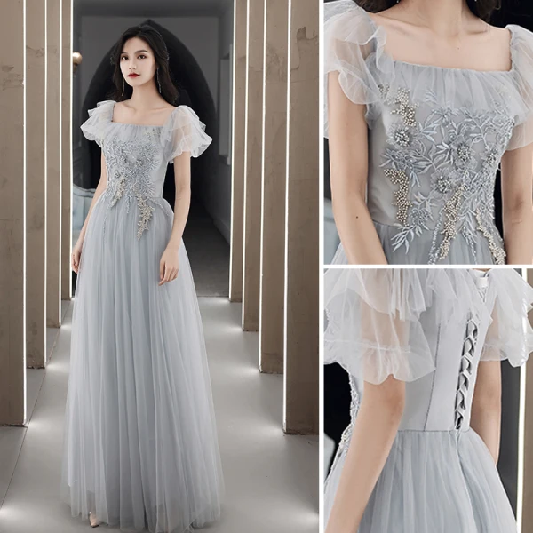 Simple Gris Robe Demoiselle D'honneur 2018 Princesse Sans Manches Dos Nu Thé Longueur Robe Pour Mariage