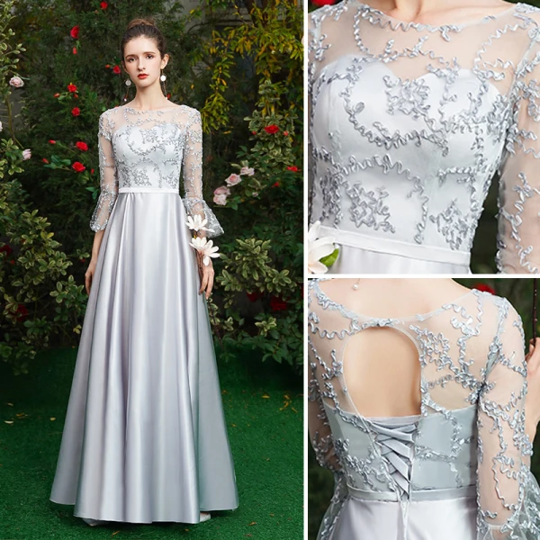 Simple Gris Robe Demoiselle D'honneur 2021 Princesse Encolure Dégagée 1/2 Manches Dos Nu Longue Robe Pour Mariage
