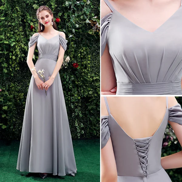 Modest Simple Grey Bridesmaid Dresses 2021 A-Line Princess Off-The-Shoulder Short Sleeve