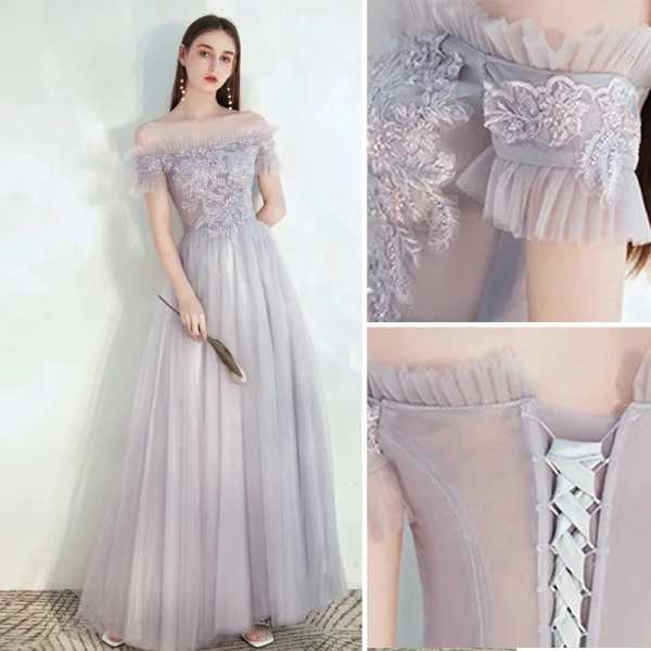 Modest / Simple Grey Bridesmaid Dresses 2021 A-Line / Princess Square Neckline Beading Lace Flower Short Sleeve Backless Floor-Length / Long Wedding Party Dresses