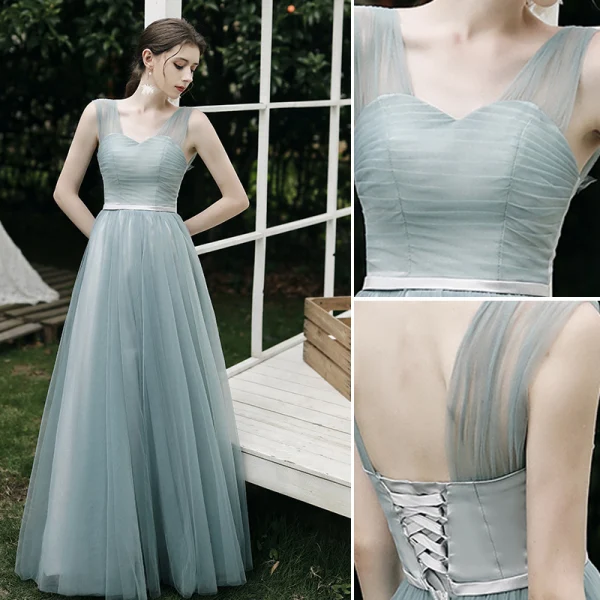 Modest / Simple Mint Green Bridesmaid Dresses 2021 A-Line / Princess Off-The-Shoulder Short Sleeve Backless Floor-Length / Long Wedding Party Dresses
