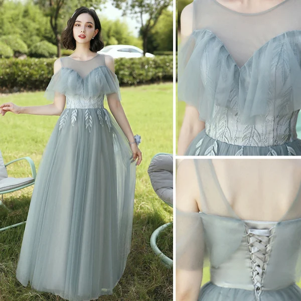 Modest / Simple Sage Green Embroidered Bridesmaid Dresses 2021 A-Line / Princess V-Neck Short Sleeve Backless Floor-Length / Long Wedding Party Dresses