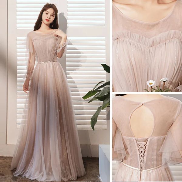Simple Rougissant Rose Paillettes Robe Demoiselle D'honneur Princesse 2021 V-Cou Manches Courtes Dos Nu Longue Robe Pour Mariage