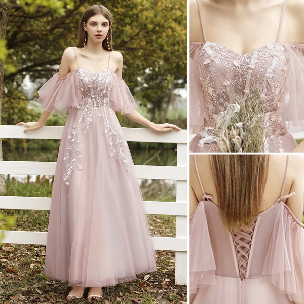Mode Rougissant Rose Robe Demoiselle D'honneur 2021 Princesse Encolure Dégagée En Dentelle Fleur Appliques Manches Courtes Dos Nu Longue Robe Pour Mariage