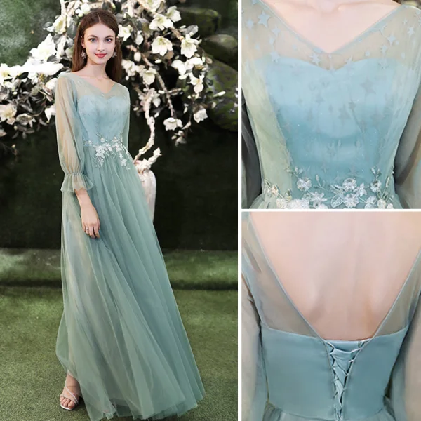 Modest Simple Mint Green Bridesmaid Dresses 2021 A-Line Princess Scoop Neck Lace Flower Modest Simple Mint Green Bridesmaid Dresses 2021 A-Line Princess Scoop Neck Lace Flower